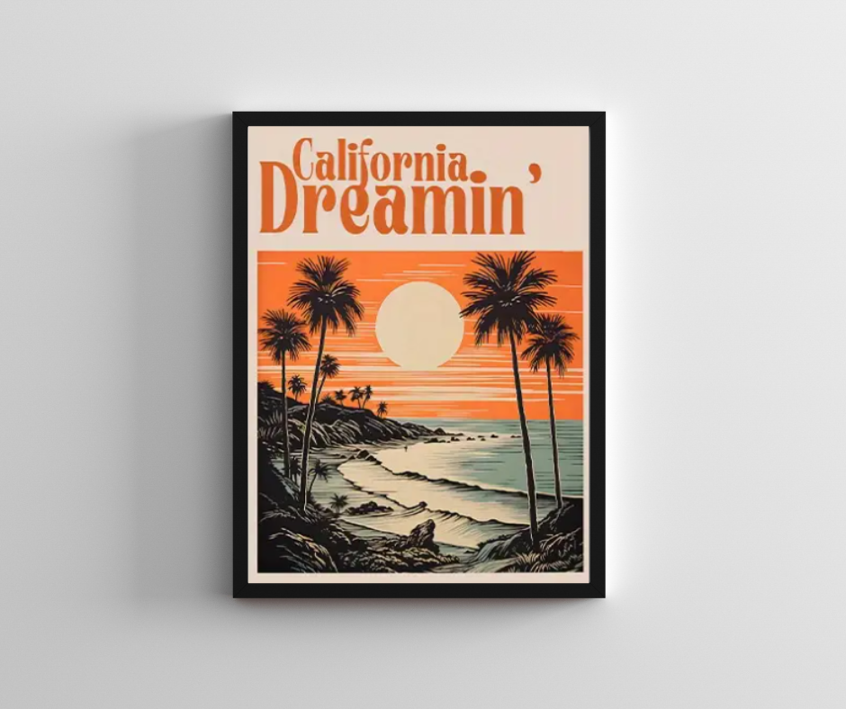 Vintage California dreamin' surfing poster high quality framed canvas prints | 30 cm x 40 cm