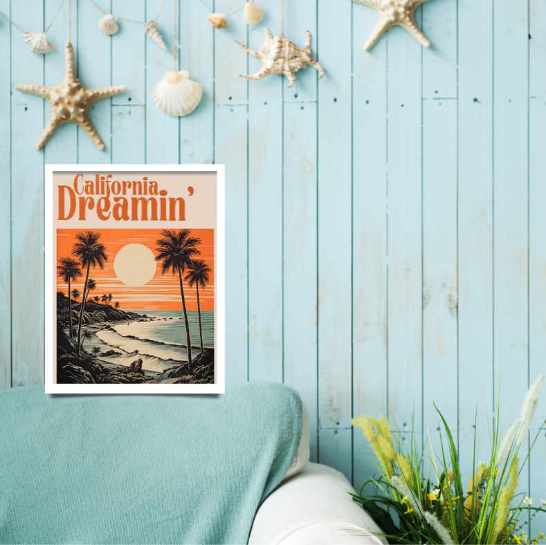 Vintage California dreamin' surfing poster high quality framed canvas prints | 30 cm x 40 cm