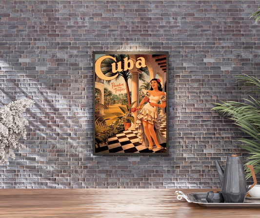Vintage Cuban tourist poster framed canvas print | Cream, black, white | 40 cm x 30 cm