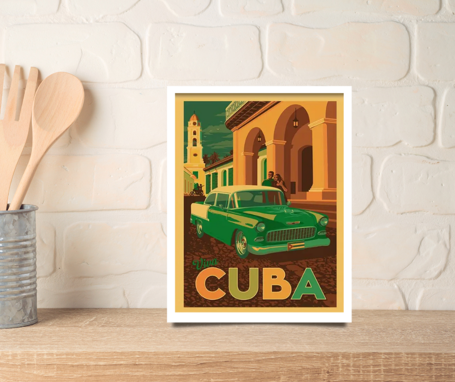 Vintage Cuban tourist poster framed canvas print | Green, yellow, brown | 40 cm x 30 cm