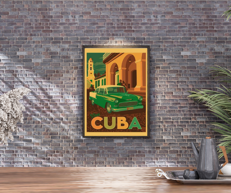Vintage Cuban tourist poster framed canvas print | Green, yellow, brown | 40 cm x 30 cm