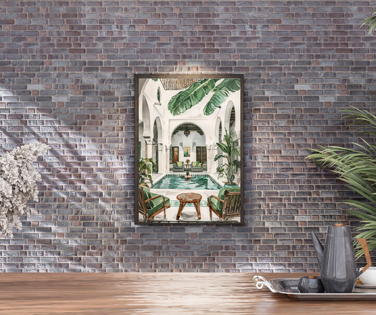 Vintage Moroccan baths framed canvas print | Green, brown, cream | 40 cm x 30 cm