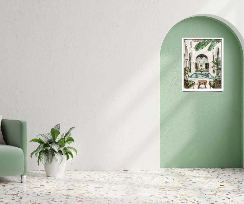 Vintage Moroccan baths framed canvas print | Green, brown, cream | 40 cm x 30 cm