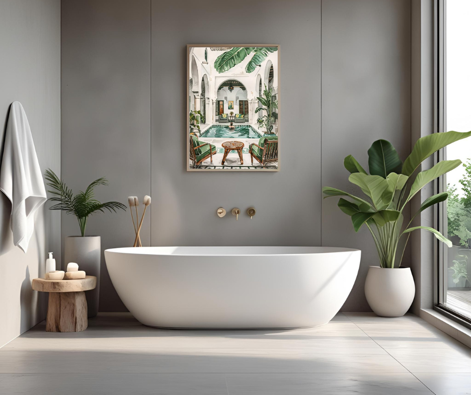 Vintage Moroccan baths framed canvas print | Green, brown, cream | 40 cm x 30 cm