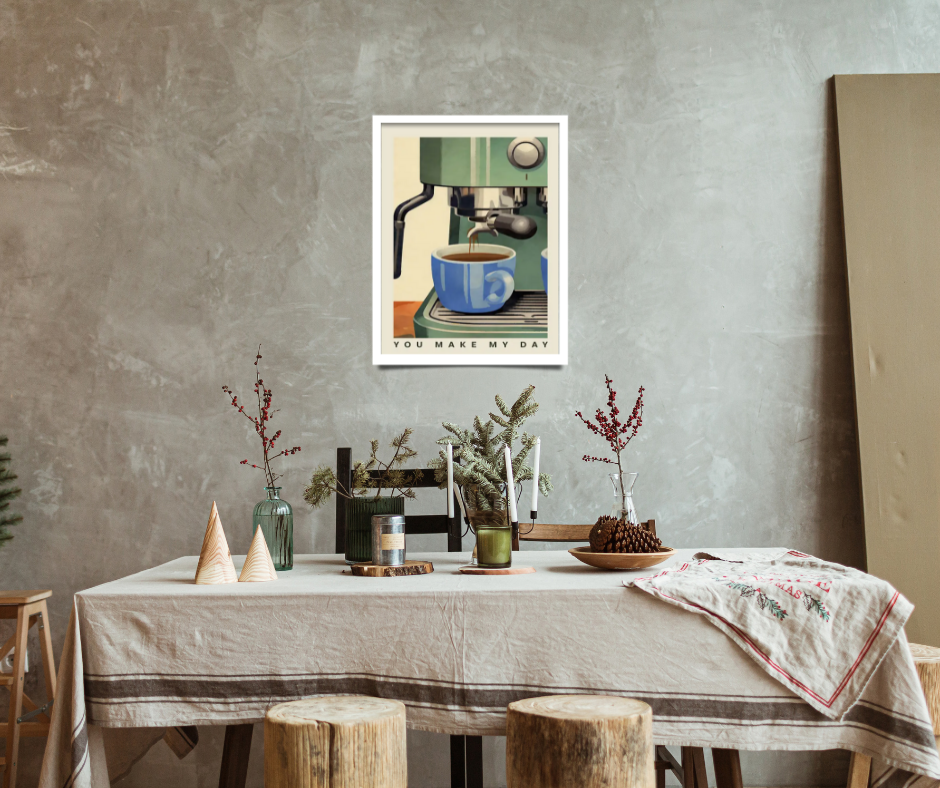 Vintage coffee machine poster framed canvas print | Green, blue, cream | 40 cm x 30 cm