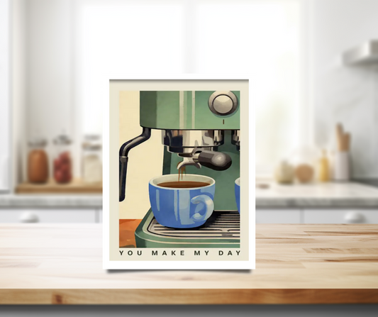 Vintage coffee machine poster framed canvas print | Green, blue, cream | 40 cm x 30 cm
