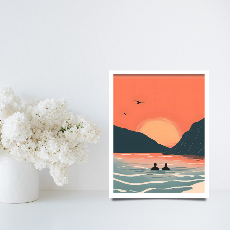 Vintage sunset surfing poster high quality framed canvas prints | 30 cm x 40 cm