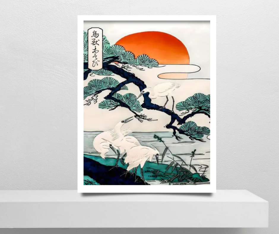 Japanese white crane high with orange sunset framed canvas print | White, teal, orange, black | 50 cm x 70 cm LGE
