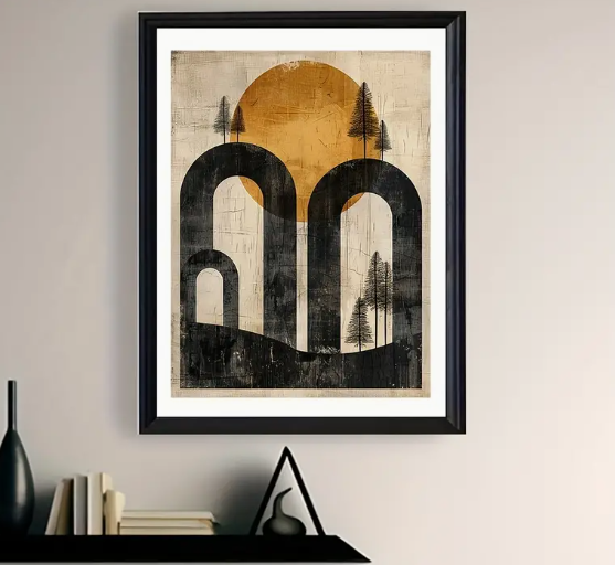 Abstract yellow sun |  High quality UV protected framed canvas print | black arches | black frame | 30 cm x 40 cm