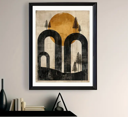 Abstract yellow sun |  High quality UV protected framed canvas print | black arches | black frame | 30 cm x 40 cm