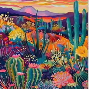 Vibrant cactus desert scene (mid-century) high quality UV protected framed canvas print | Green, orange, purple | 30 cm x 40 cm